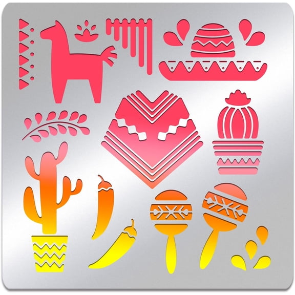 Mexican Elements Metal Stencil Square Stainless Steel Clothes Hats Cactus Template Stencil for Scrapbooking Engraving Pyrography Journal 6x6inch