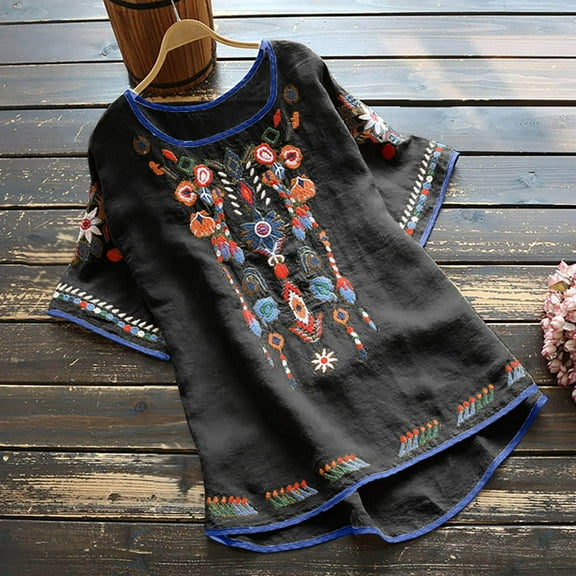 Mexican Embroidered Shirts for Women Boho Tops Loose Short Sleeve Bohemian Blouses Peasant Summer Outfits, Limited Time Under 10 Dollars