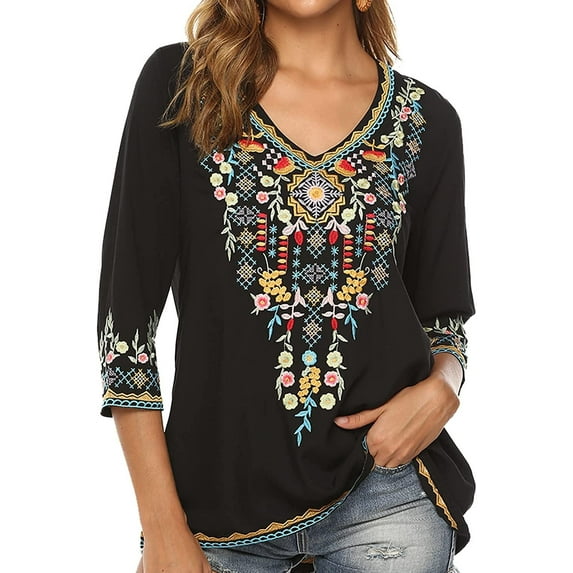 Mexican Embroidered Shirts for Women Boho Tops and Blouses 3/4 Sleeve Bohemian Peasant Summer Fall Tunic Top