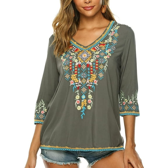 Mexican Embroidered Shirts for Women Boho Tops and Blouses 3/4 Sleeve Bohemian Peasant Summer Fall Tunic Top