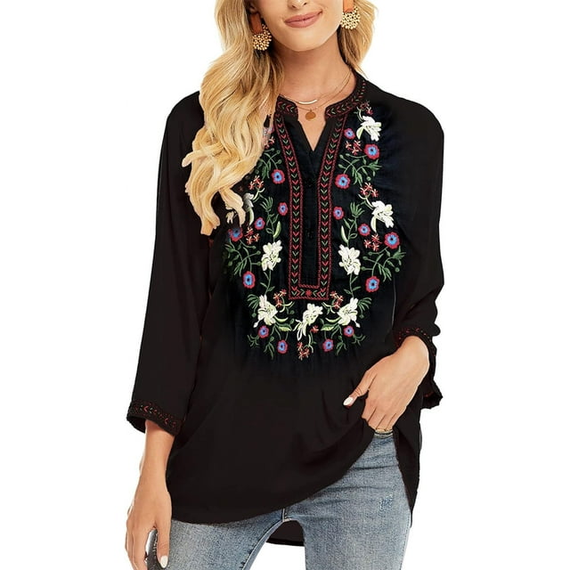 Mexican Embroidered Women's Shirts Mexico Peasant Boho Tops 3/4 Sleeves ...