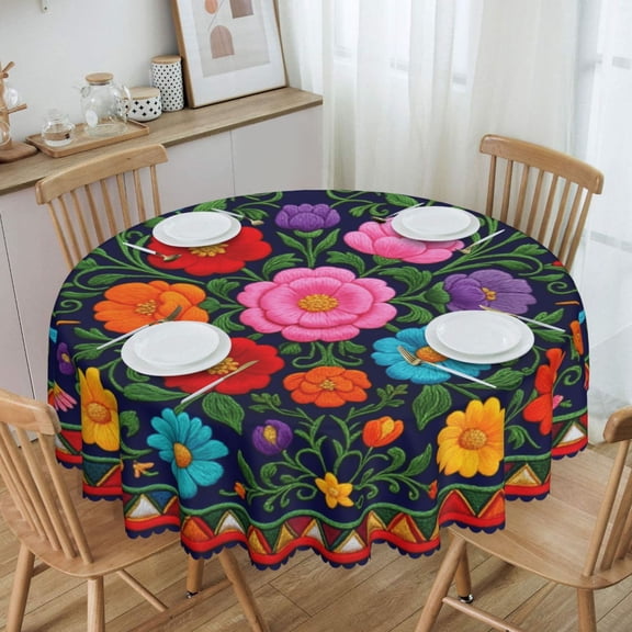 Mexican Embroidery Hummingbird Floral Round Tablecloth Waterproof Oil-Proof Plastic Table Cloth Stain-Resistant Wipeable 60" for Camping, Dining, Indoor and Outdoor
