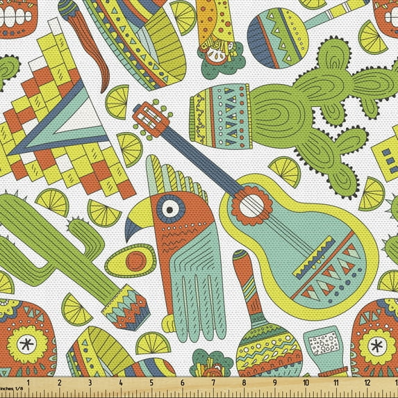 Ambesonne Mexican Fabric by the Yard Upholstery, Cartoon Maracas Taco Art, 3 Yards, Multicolor