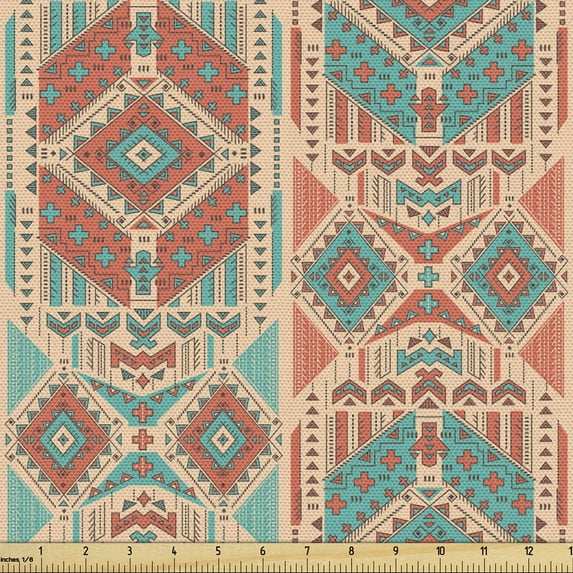 Ambesonne Mexican Fabric by the Yard Upholstery, Vintage Geometric Motif, 5 Yards, Sea Green Dark Coral