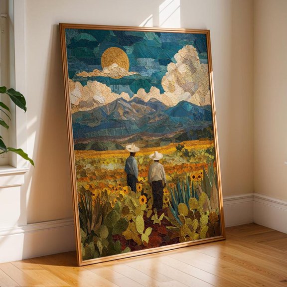 Mexican Field Workers Poster | Sunflower Landscape Print | Cultural Heritage Poster | Southwestern Decor | Boho Terracotta Wall Art 12x18 UNFRAMED