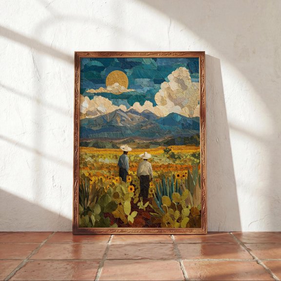 Mexican Field Workers Sunflower Landscape Print Cultural Heritage Southwestern Decor Boho Terracotta Unframed Paper Print