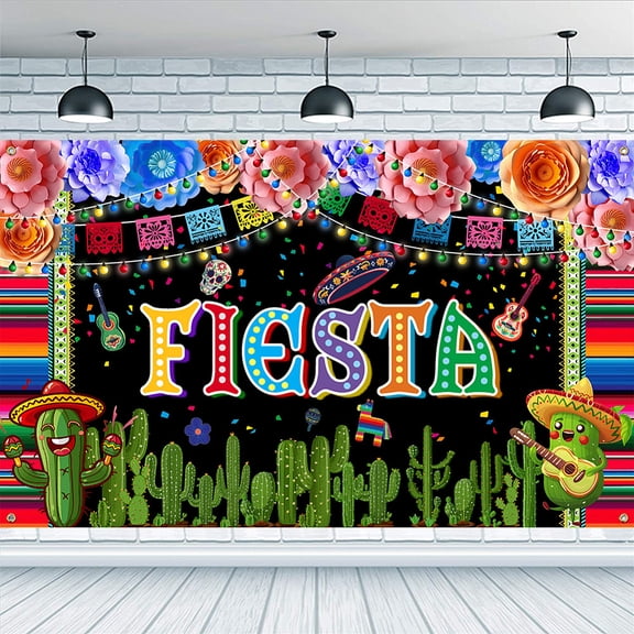 Mexican Fiesta Backdrop 5.9x3.6ft Day of The Dead Backdrop Colorful Polyester Cacti Flowers Papercutting Guitar Banner Decorations Day