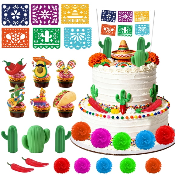 34pcs Mexican Fiesta Cake Decorations, Mexican Theme Cake Decorations Set Cinco De Mayo Cupcake Toppers Mexican Cake Topper Papel Picado Banner Cake Toppersfor Mexican Fiesta Party Decorations