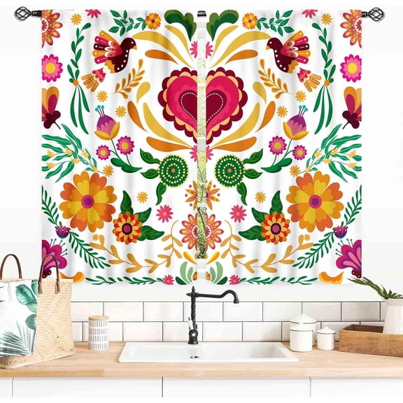 Mexican Fiesta Curtains, Colorful Mexcian Floral Birds Cinco De Mayo Dia De Los Muertos Farmhouse Window Drapery Treatments for Bedroom Living Room Kitchen Bathroom 2 Panels, 55x39 Inch