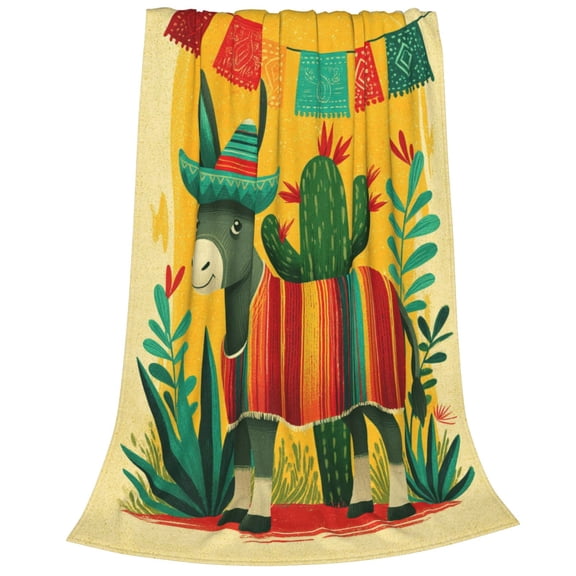 Mexican Fiesta Donkey Throw Blanket, Colorful Burro with Sombrero & Serape Art, Ultra Soft Flannel Fleece, Festive Cultural Decor 50x40