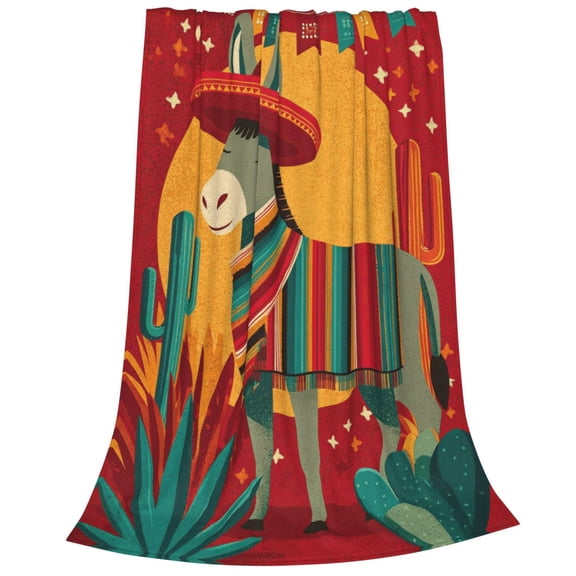 Mexican Fiesta Donkey Throw Blanket, Colorful Burro with Sombrero & Serape Art, Ultra Soft Flannel Fleece, Festive Cultural Decor 50x40