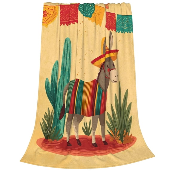 Mexican Fiesta Donkey Throw Blanket, Colorful Burro with Sombrero & Serape Art, Ultra Soft Flannel Fleece, Festive Cultural Decor 50x40