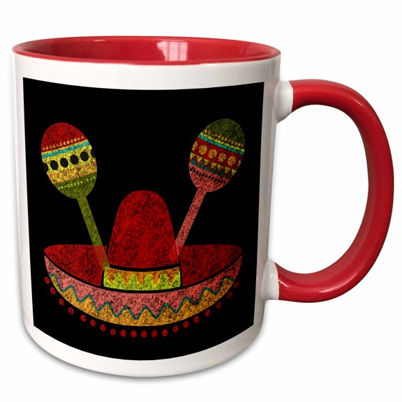 3drose, Mexican Fiesta Hat with Murracas on Image of Blackboard Illustration, 11oz Two-tone Red Mug