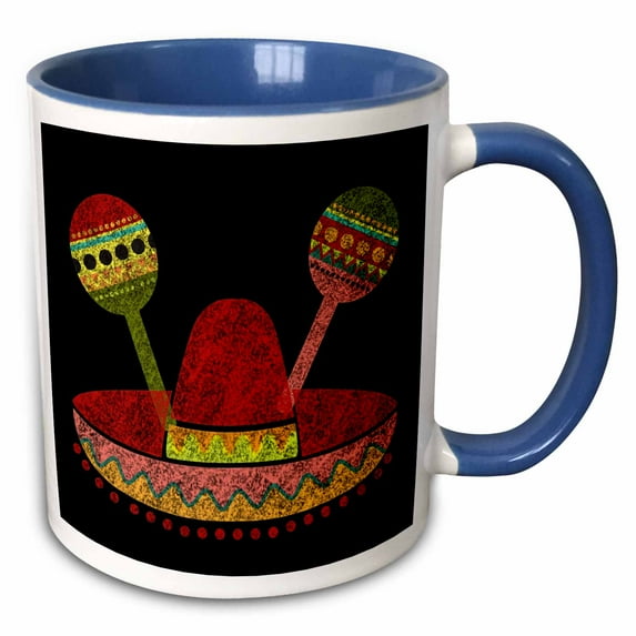 3drose, Mexican Fiesta Hat with Murracas on Image of Blackboard Illustration, 15oz Two-tone Blue Mug