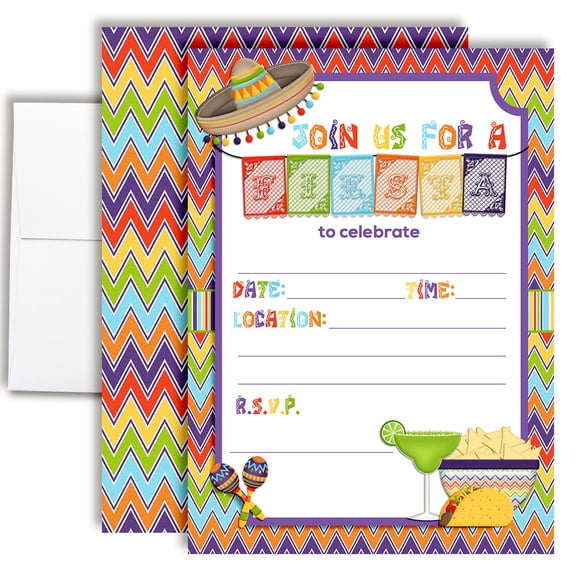 Mexican Fiesta Papel Picado Banner Birthday Invitations for Kids, 20 Fill-In Cards with Envelopes, 5x7 Children's Party Invitations, Birthday Party Supplies, Made in USA by Amanda Creation