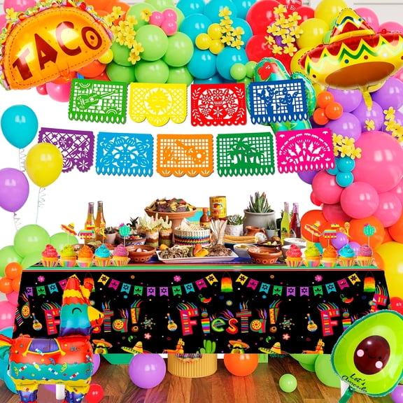 Mexican Fiesta Party Decorations, 62 Pcs Cinco de Mayo Decorations Set - Mexican Fiesta Balloons Banner & Mexican Fiesta Party Tablecloth etc Mexican Party Supplies