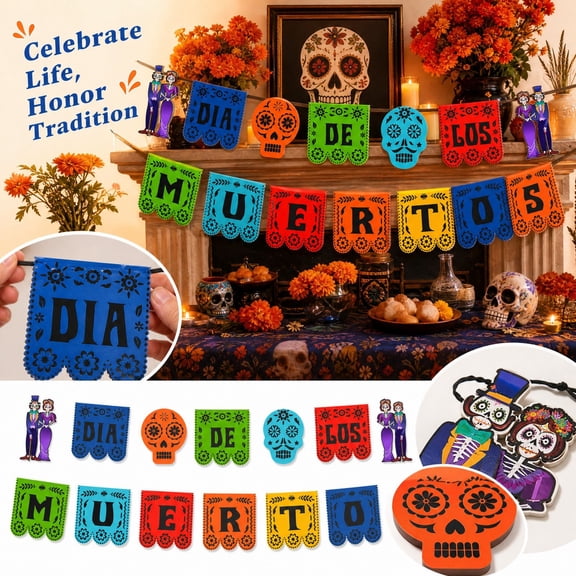 Mexican Fiesta Party Decorations, Skeleton Banner with Sugar Skull Papel Picado Design for Day of The Dead, Colorful Hanging Halloween Decorations, Dia de Los Muertos, 1 Pack