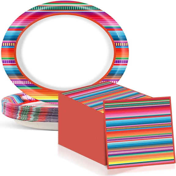 Mexican Fiesta Party Oval Paper Plates 11inch Plates and Napkins, Mexico Stripes Dish Tray for Dance Pinata Taco Party Colorful Ponchos Supplies Picnic Tableware Decor, 25 Guest