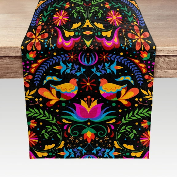 Mexican Fiesta Table Runner for Cinco de Mayo Decorations, Mexican Floral Linen Table Runner Dia De Los Muertos Decor Day of The Dead Decoration and Supplies for Home 13X72 inch