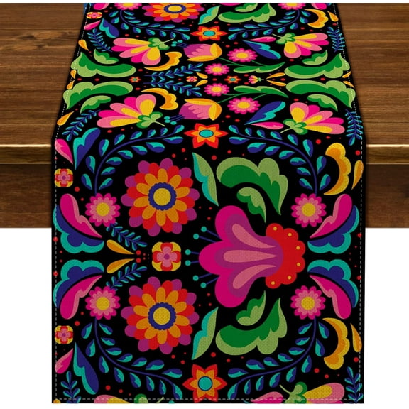 Mexican Fiesta Table Runner Dia De Los Muertos Decorations Mexico Cinco De Mayo Rustic Linen Home Dining Room Kitchen Table Decor 71 Inches Long