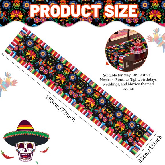Mexican Fiesta Table Runner Linen Burlap Floral Serape Stripe 72 x 13 Inches
