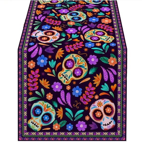 Mexican Fiesta Table Runner, Sugar Skull Dia De Los Muertos Print, Cinco De Mayo Tablecloth Style, Party Decor Supplies for Home 13x47 Inch
