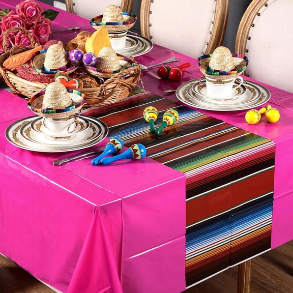Mexican Fiesta Tablecloth 54 x 108'' Party Plastic Tablecloth Striped Table Cover for Mexican Fiesta Party Decorations(Pure with Stripe, 24 Pcs)