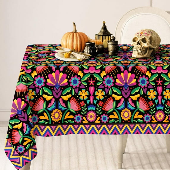 Mexican Fiesta Tablecloth Halloween Cinco De Mayo Fabric Table Cloth Washable Colorful Flower Table Cover for Home Party Kitchen Decor, 60 x 102 Inch