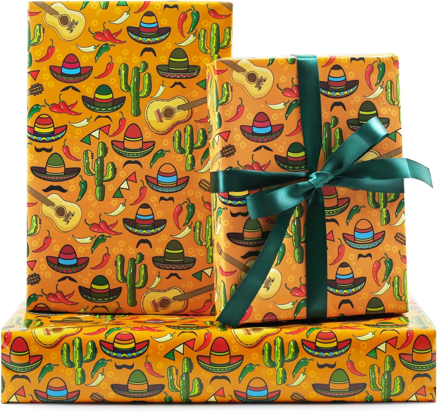 Mexican Fiesta Wrapping Paper, 6 Sheets Cactus Sombrero Guitar Chili Pepper Mustache Printed Mexico Party Gift Wrap 20x28 inches Folded Flat for Mexican Themed Cinco De Mayo Carnival Birthday Party