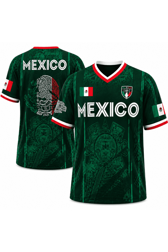 Mexican Flag Football Shirt for Men - 2026 Team Mexico Soccer Jersey for Game Day, Aztec Mayan Calendar Green T-Shirt for Sports Fans Casual Wear Size:S