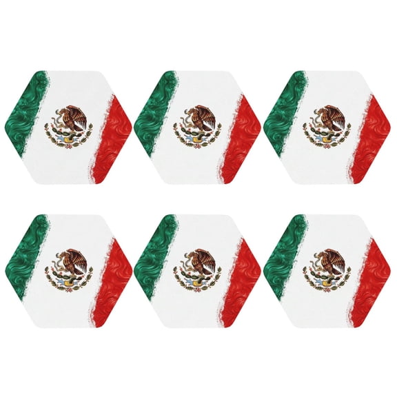 Mexican Flag Print Leather Drinks Coasters Suitable for Various Cups Set of 6 Hexagon