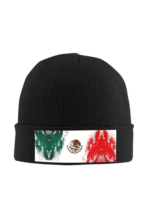 Mexican Flag Print Winter Beanie Hats for Men Women Warm Cozy Knitted Cuffed Skull Cap Black
