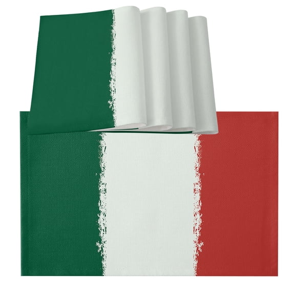 Mexican Flag Shabby Placemats for Dinning Table Set of 4, Green White Red Stripes Burlap Kitchen Place Mats Waterproof Cloth Table Mats, Indoor Outdoor Placemats Easy Clean Dinner Decor