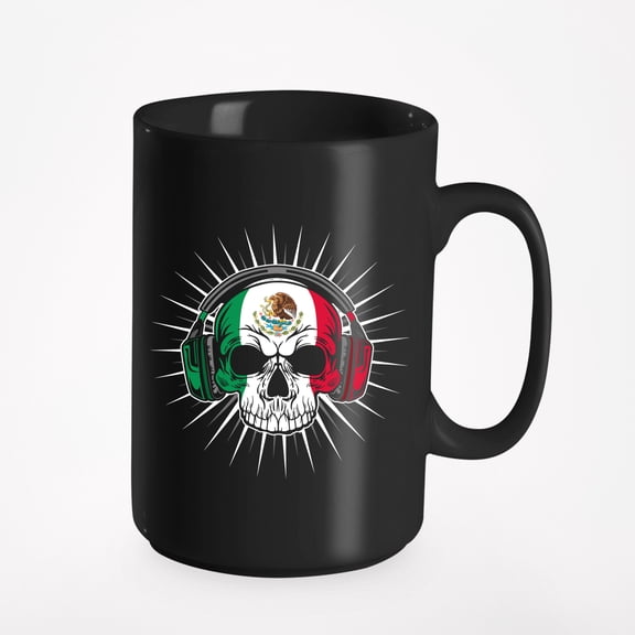 Mexican Flag Skull, EDM Musician, Black 15oz Ceramic Mug