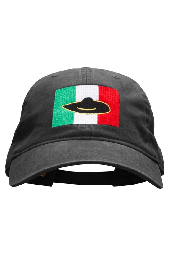 Mexican Flag Sombredo Embroidered Washed Cotton Brass Buckle Cap - Black OSFM