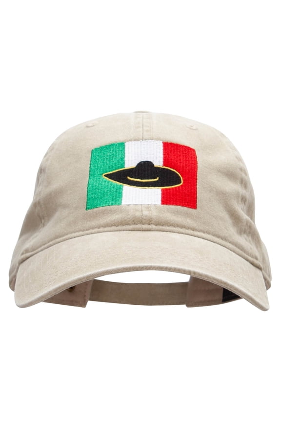 Mexican Flag Sombredo Embroidered Washed Cotton Brass Buckle Cap - Khaki OSFM