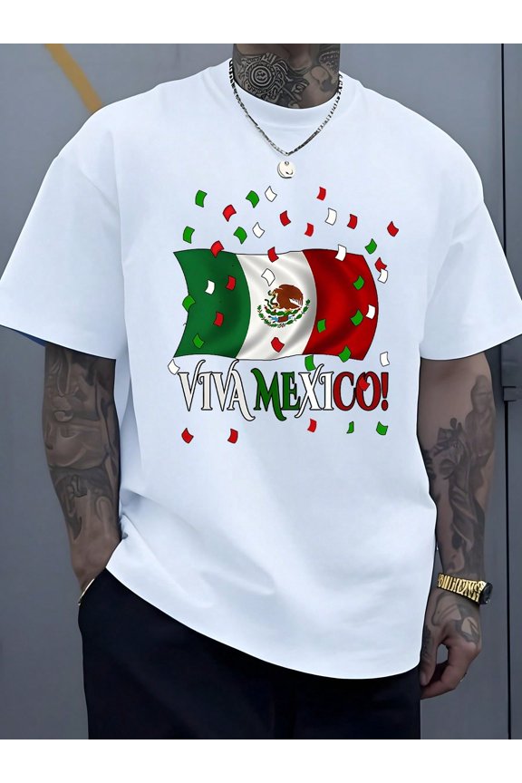 Mexican Flag Waving With Bold Viva Mexico Slogan Surrounded By Festive Confetti Celebrating National Pride And Freedom Men 100% Cotton Tshirt