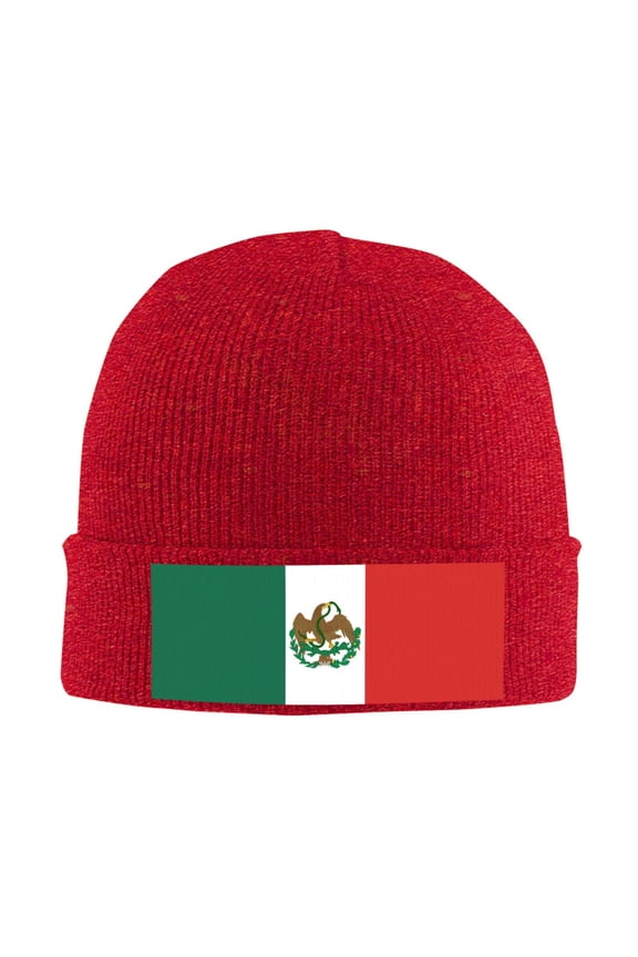 Mexican Flag Winter Beanie Hats for Men Women Warm Cozy Knitted Cuffed Skull Cap Red