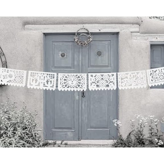 Mexican Flags Bulk White Papel Picado Banner Pack - Over 120 feet, Made from Elegant White Tissue Paper with a Mexican Spring Theme of Flowers, Birds, Suns and Butterflies.
