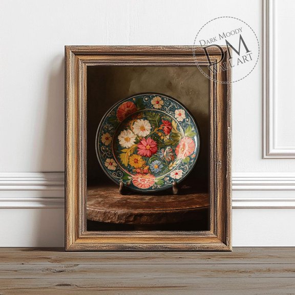 Mexican Floral Ceramic Plate Wall Art Print, Dark Moody, Rustic, Kitchen And Gallery Wall Decor
