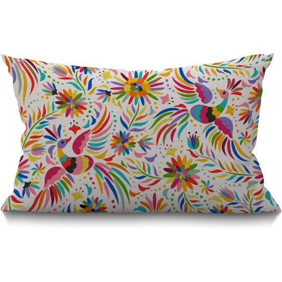 Mexican Floral Farmhouse Oblong Rectangle Ethnic Art Birds and Paisley Flowers Decorative Throw Pillow Case,
