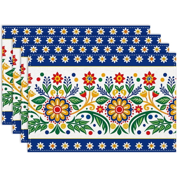 Mexican Floral Placemats Set of 4, Rustic Ethnic Style Dia De Los Muertos Culture Pattern Colorful Heat Resistant Place Mats for Dining Kitchen Party Holiday Decor 12x18 Inch