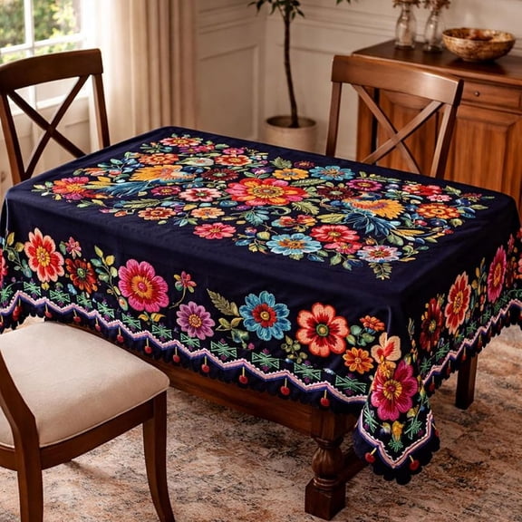 Mexican Floral Tablecloth Waterproof Polyester with Scalloped Edge, Washable Folk Art Table Cover for Kitchen Dining Room Rectangle & Round (K)