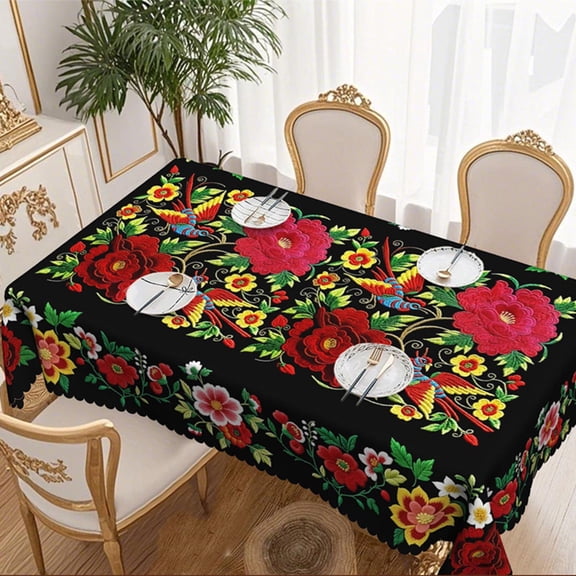 Mexican Floral Tablecloth for Dining Table, Rectangle and Round Size with Scalloped Edge, Vibrant Colorful Folk Art Pattern Table Cover
