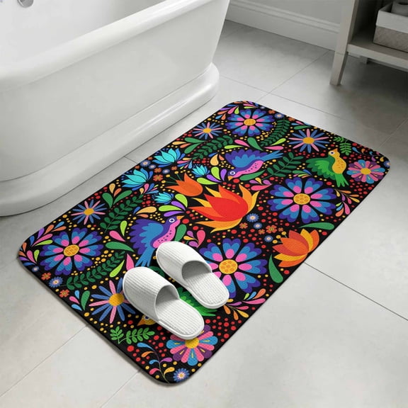Mexican Flower Bathroom Rugs Non Slip Washable Bath Mat Absorbent Low Pile Front Door Mat Abstract Colorful Floral Leaf Plant Indoor Doormat for Kitchen Entryway Shower Decor Accessories 15.7"x23.6"
