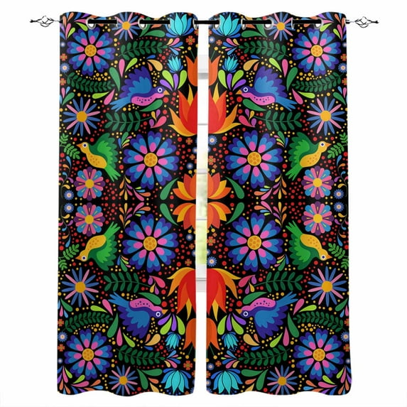 Mexican Flower Blackout Curtains for Bedroom Living Room Darkening Curtains 84 Inch Length 2 Panels Set Abstract Colorful Floral Leaf Plant Window Curtain Window Treatment Grommet Drapes 52"x84"