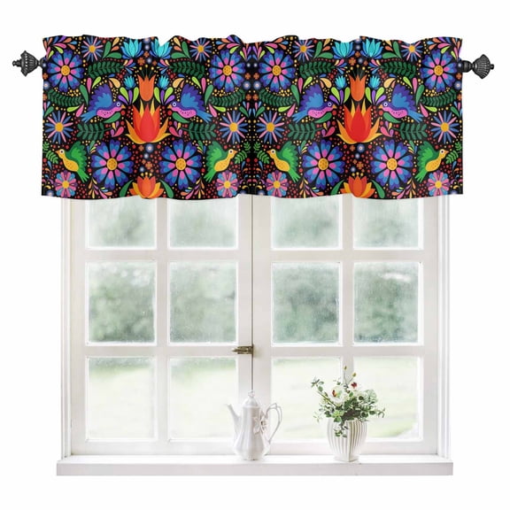 Mexican Flower Kitchen Valances for Windows 42x18 Inch Kitchen Curtains Valances Rod Pocket Abstract Colorful Floral Leaf Plant Bathroom Window Valances for Window Treatment Decor