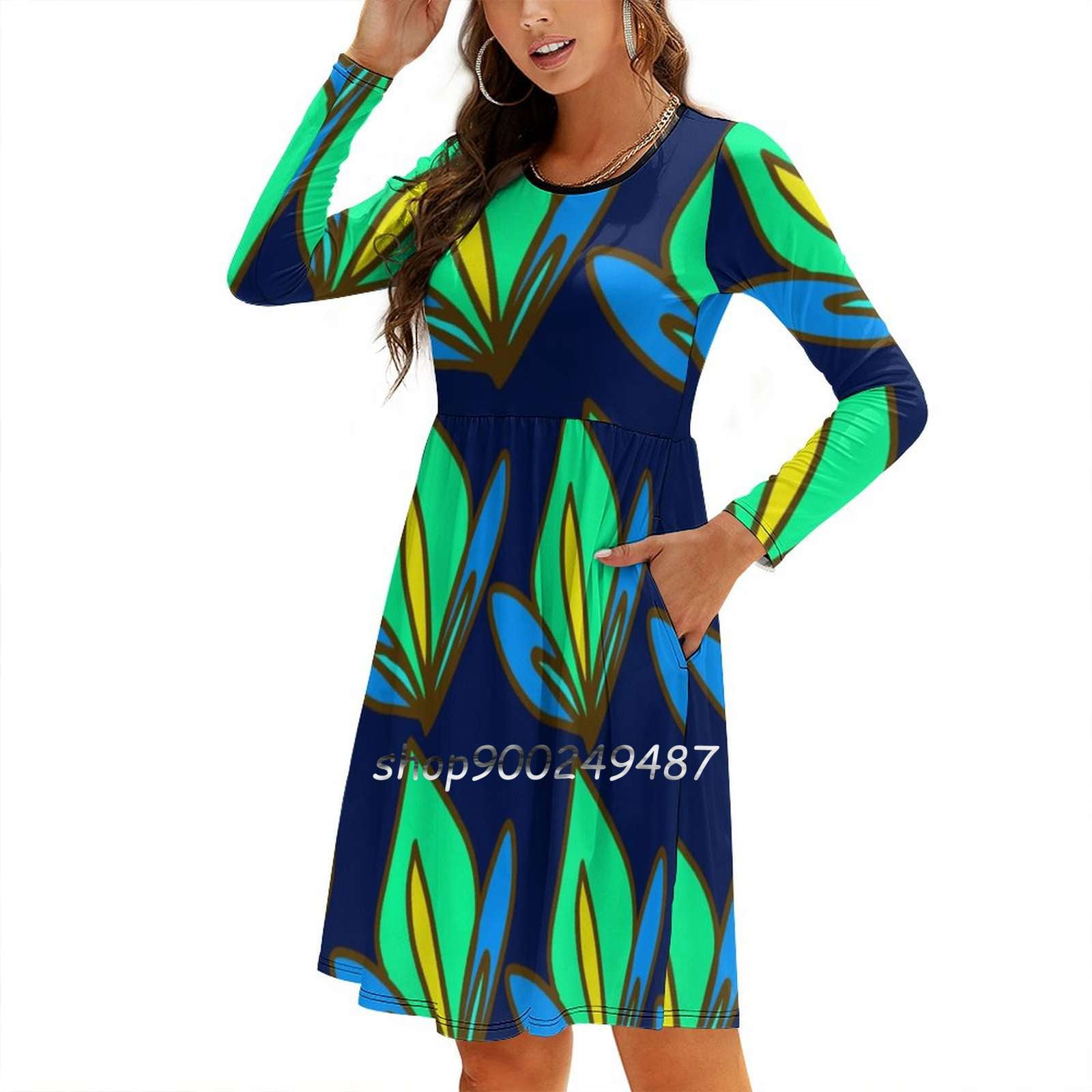 Mexican Flowers Blue & Green Dark Bg Square Neck Dress Cute Loose Print