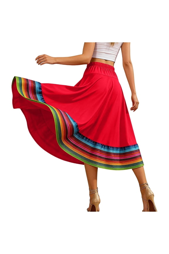 Mexican Flowy Midi Skirt for Women Plus Size High Waisted Striped A-Line Skirt Casual Summer Vacation Performance Dancing Skirts