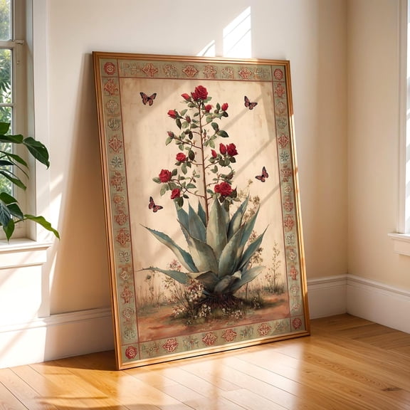 Mexican Folk Art Agave Roses Monarch Butterfly San Valentin Botanical Art Unframed Paper Print